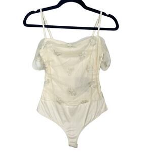 New Francescas Le Lis Cream Small Embroidered Butterfly Mesh Bodysuit Sheer Top